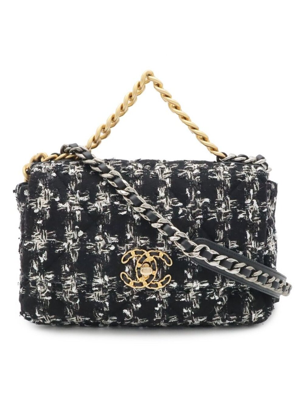 Chanel 19 CC Logo Chain Shoulder Bag Tweed Black Silver Gold